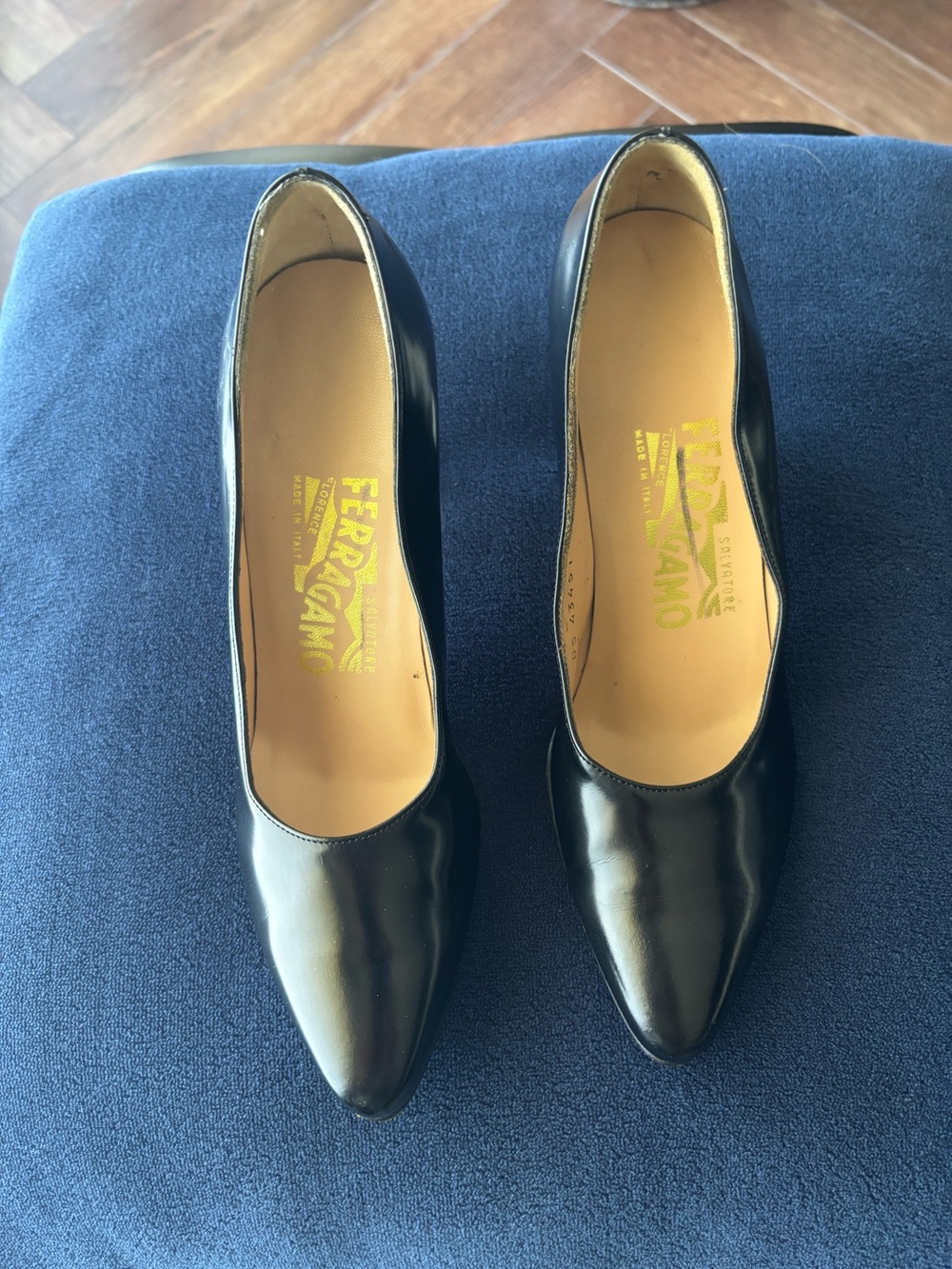 Salvatore Ferragamo Black Leather Block Heel Court Shoes